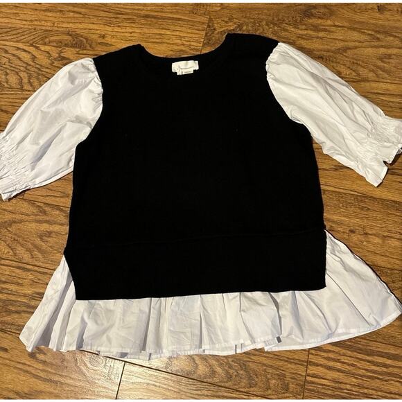 Anthropologie Layered Puff Sleeve Peplum Top XL Black White Preppy Chic - Picture 8 of 9